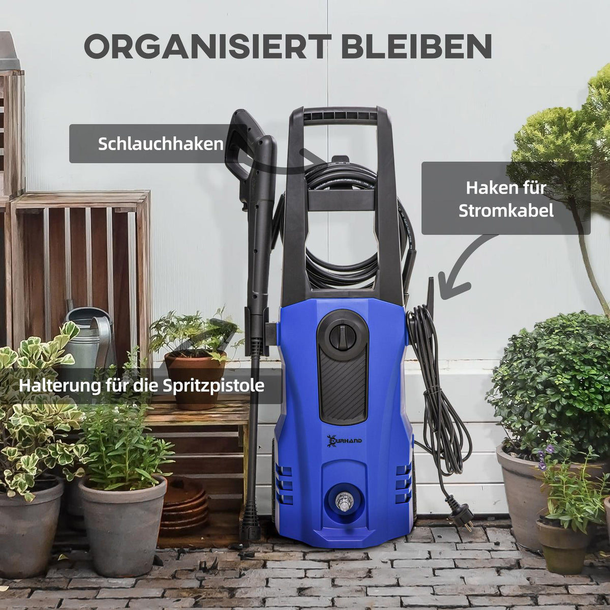 High-Pressure Cleaner With Rollers Incl. 5 Pieces. Accessories, 150 Bar Working Pressure, With 6 M High Pressure Hose, 1800 W, Max. Water Quantity: 510 L/H Blue