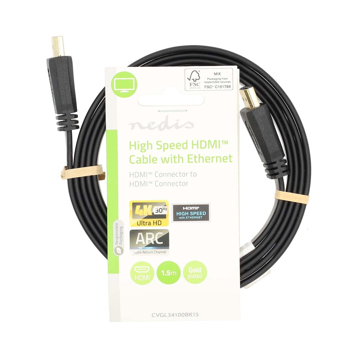 High Speed HDMI™ Cable with Ethernet | HDMI™ Connector | HDMI™ Connector | 4K@30Hz | 10.2 Gbps | 1.50 m | Flat | PVC | Black | Label