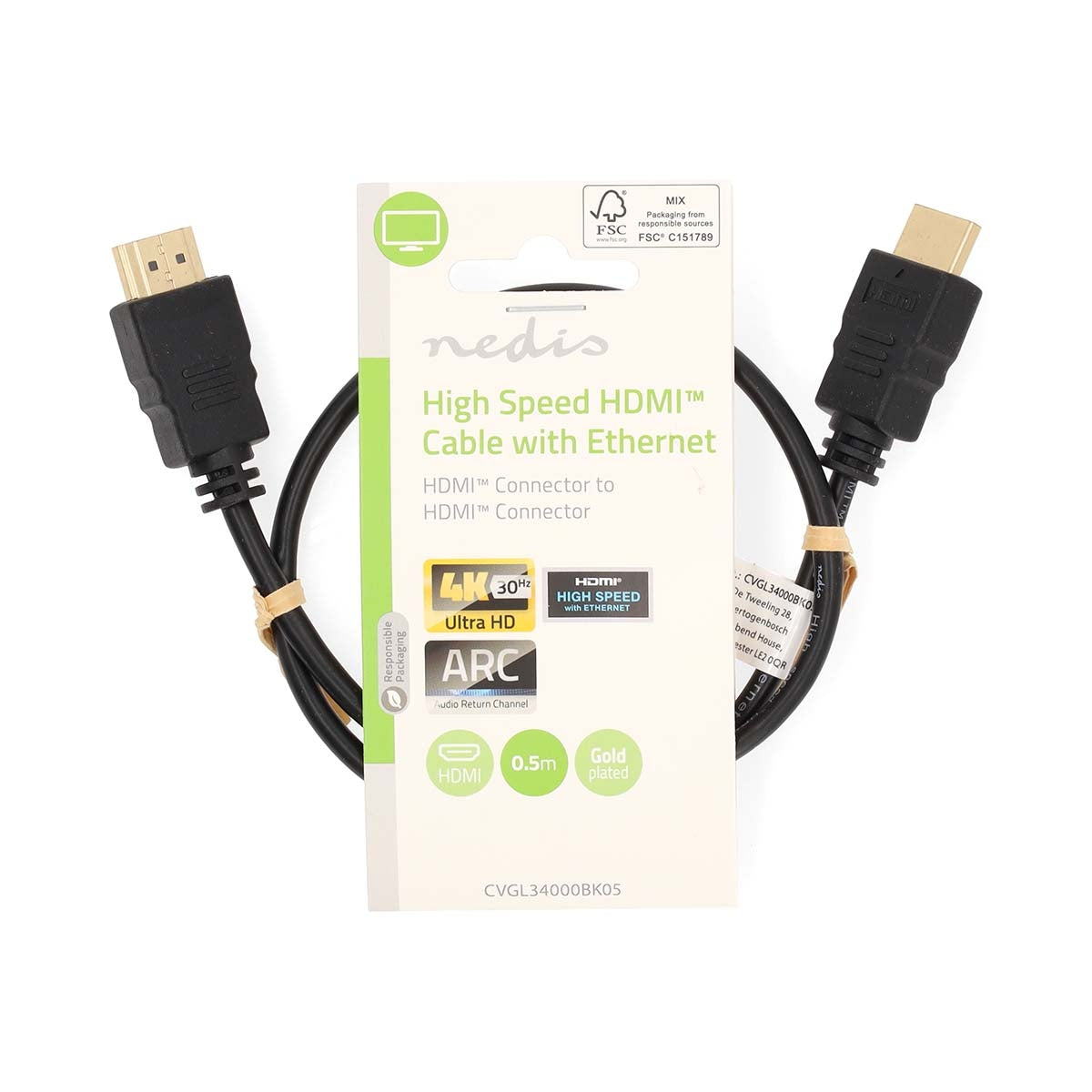 High Speed HDMI™ Cable with Ethernet | HDMI™ Connector | HDMI™ Connector | 4K@30Hz | ARC | 10.2 Gbps | 0.50 m | Round | PVC | Black | Label