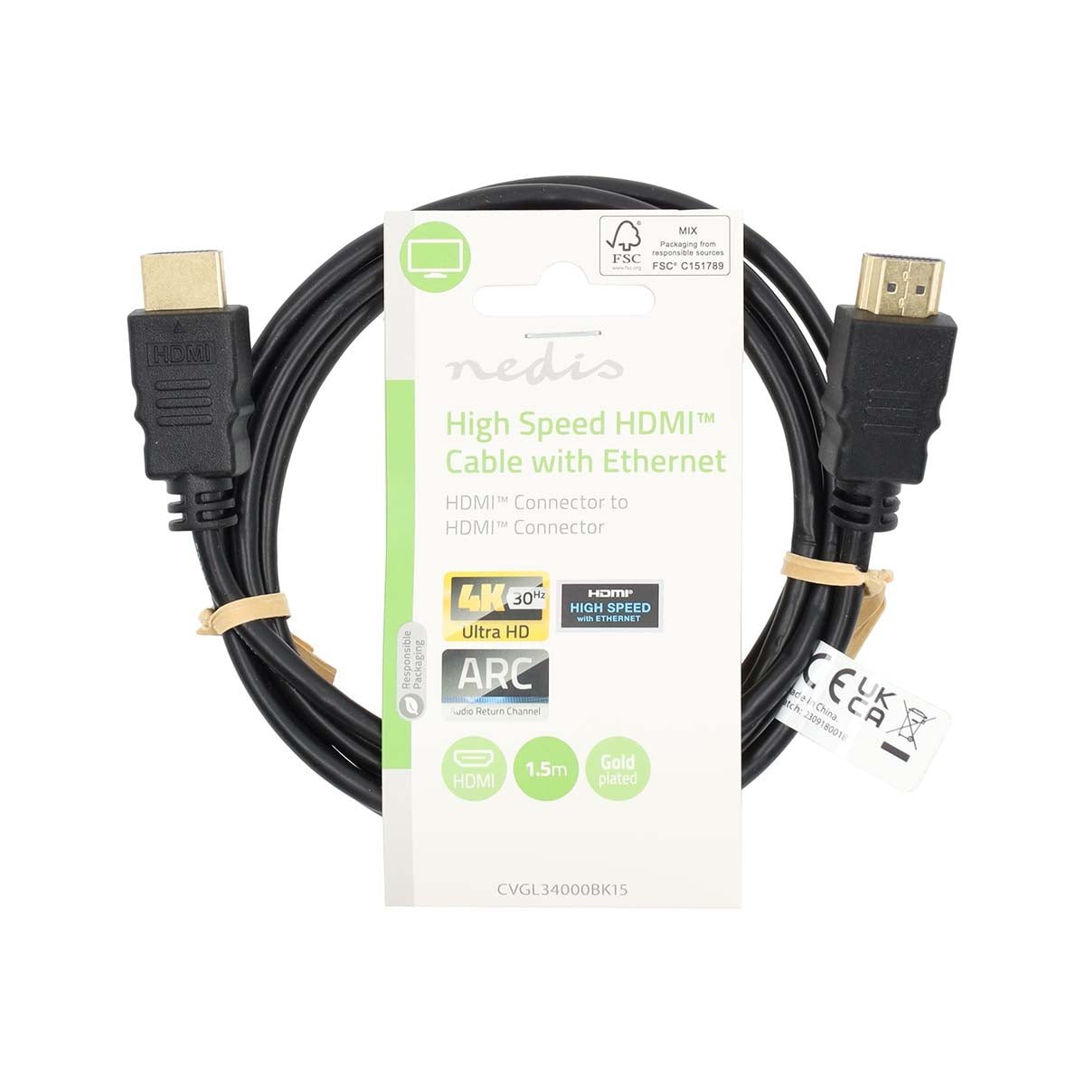 High Speed HDMI™ Cable with Ethernet | HDMI™ Connector | HDMI™ Connector | 4K@30Hz | ARC | 10.2 Gbps | 1.50 m | Round | PVC | Black | Label