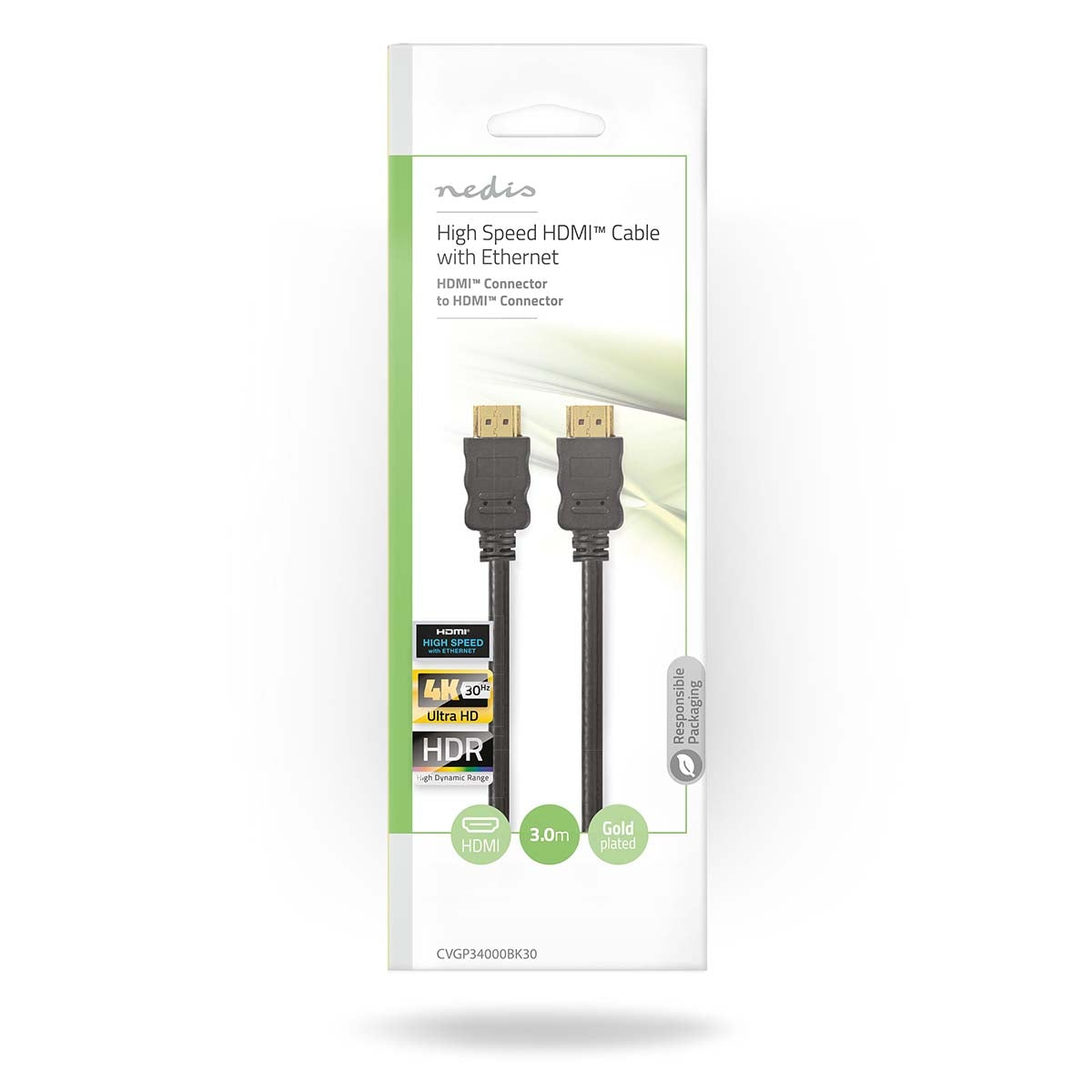 High Speed HDMI™ Cable with Ethernet | HDMI™ Connector | HDMI™ Connector | 4K@30Hz | ARC | 10.2 Gbps | 3.00 m | Round | PVC | Black | Envelope