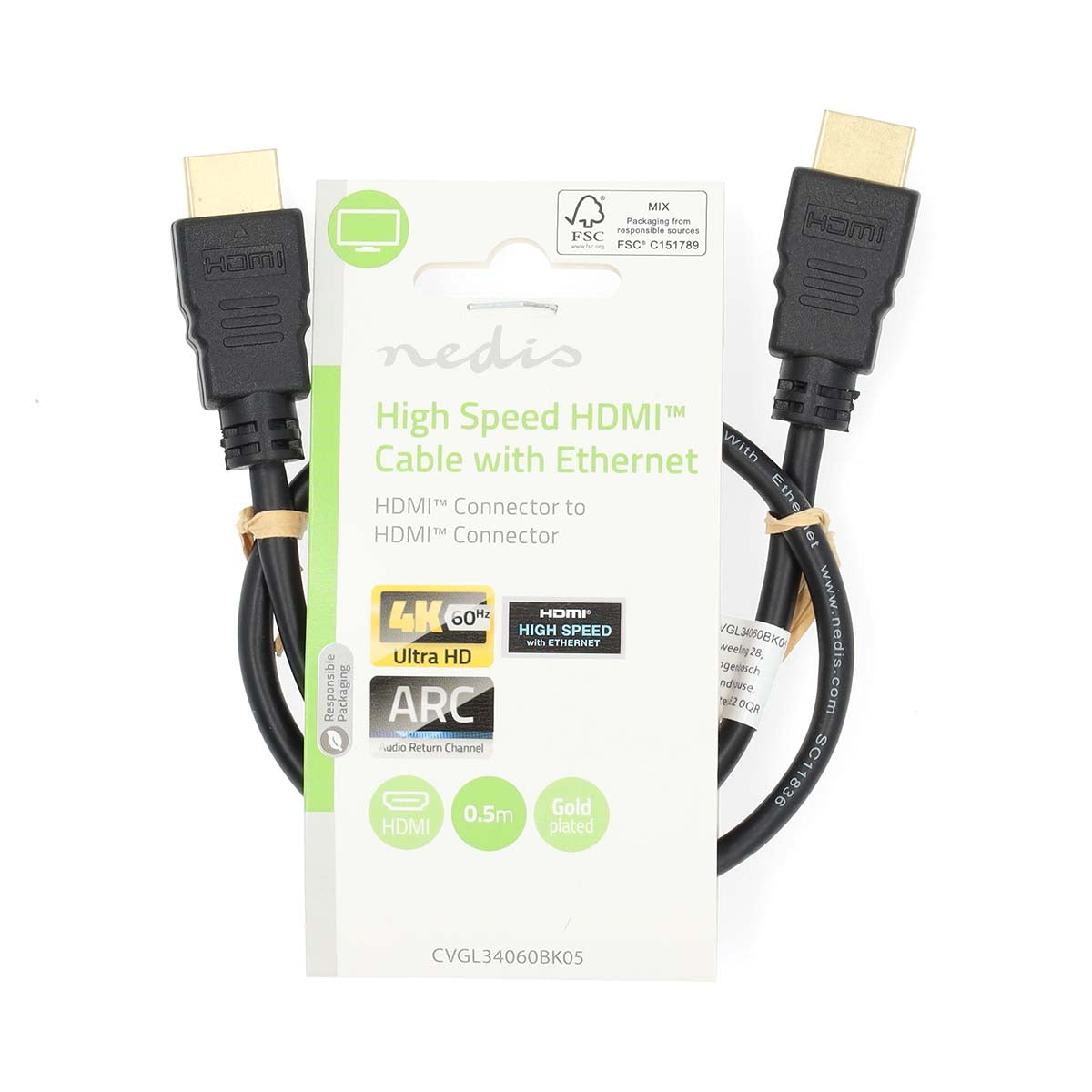 High Speed HDMI™ Cable with Ethernet | HDMI™ Connector | HDMI™ Connector | 4K@60Hz | ARC | 18 Gbps | 0.50 m | Round | PVC | Black | Label