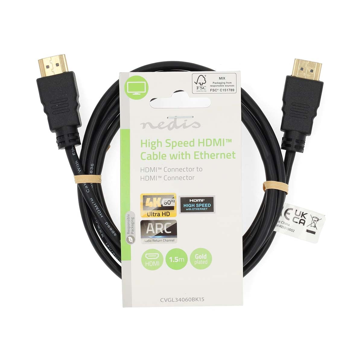 High Speed HDMI™ Cable with Ethernet | HDMI™ Connector | HDMI™ Connector | 4K@60Hz | ARC | 18 Gbps | 1.50 m | Round | PVC | Black | Label