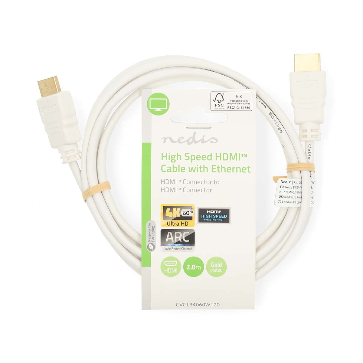High Speed HDMI™ Cable with Ethernet | HDMI™ Connector | HDMI™ Connector | 4K@60Hz | ARC | 18 Gbps | 2.00 m | Round | PVC | White | Label