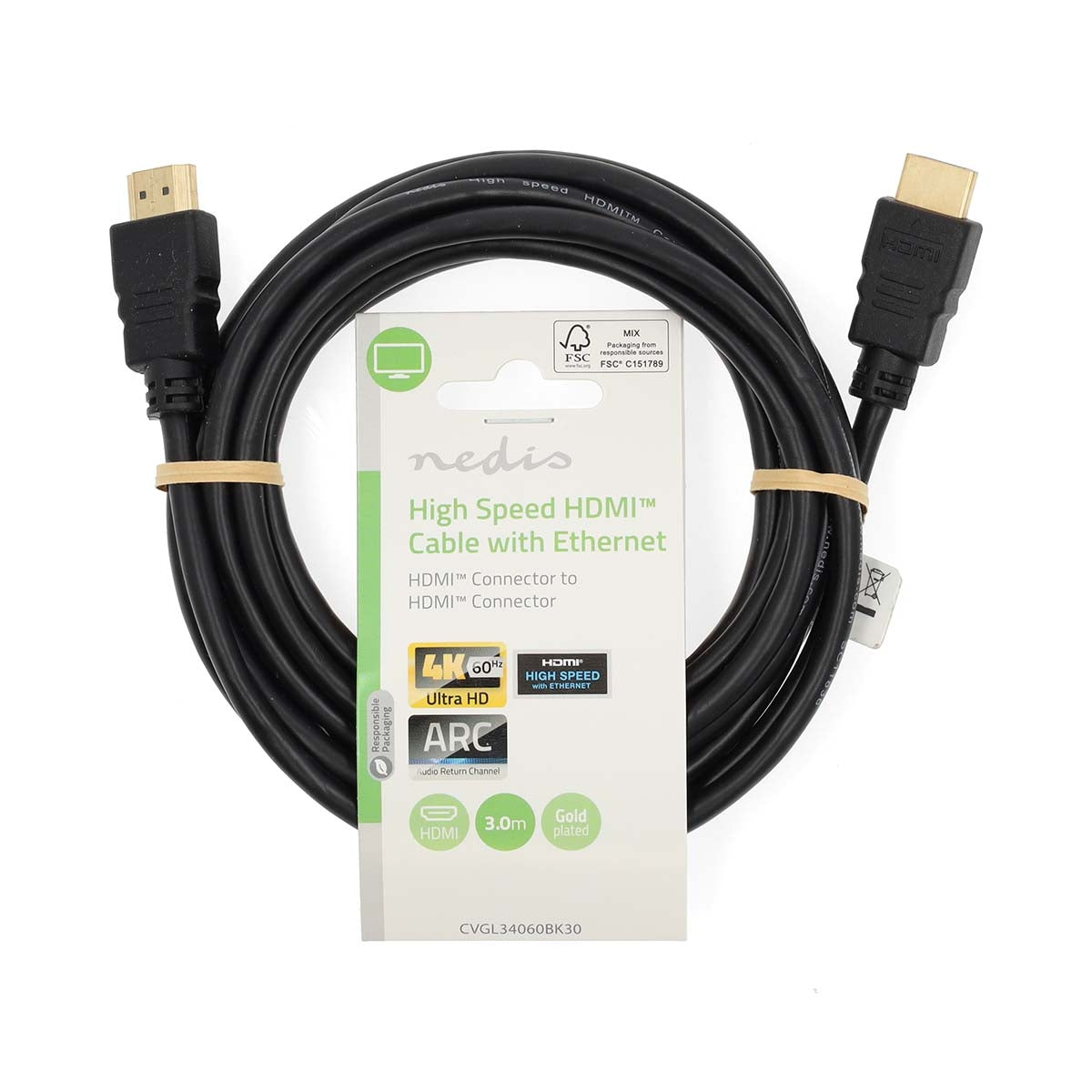 High Speed HDMI™ Cable with Ethernet | HDMI™ Connector | HDMI™ Connector | 4K@60Hz | ARC | 18 Gbps | 3.00 m | Round | PVC | Black | Label