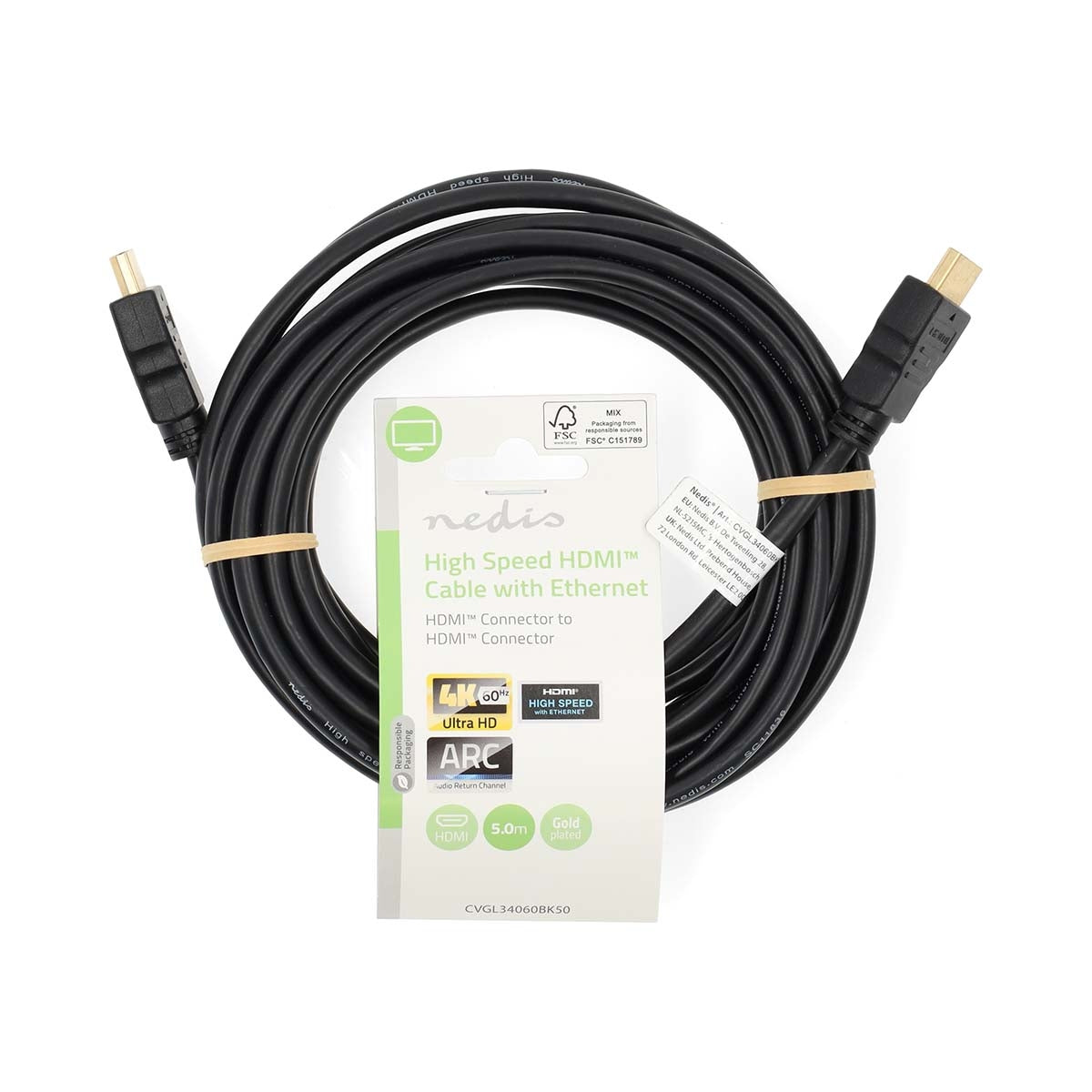 High Speed HDMI™ Cable with Ethernet | HDMI™ Connector | HDMI™ Connector | 4K@60Hz | ARC | 18 Gbps | 5.00 m | Round | PVC | Black | Label