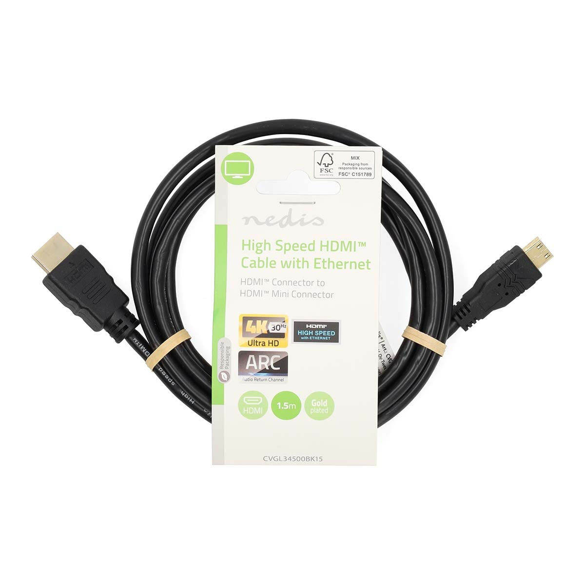 High Speed HDMI™ Cable with Ethernet | HDMI™ Connector | HDMI™ Mini Connector | 4K@30Hz | 10.2 Gbps | 1.50 m | Round | PVC | Black | Label