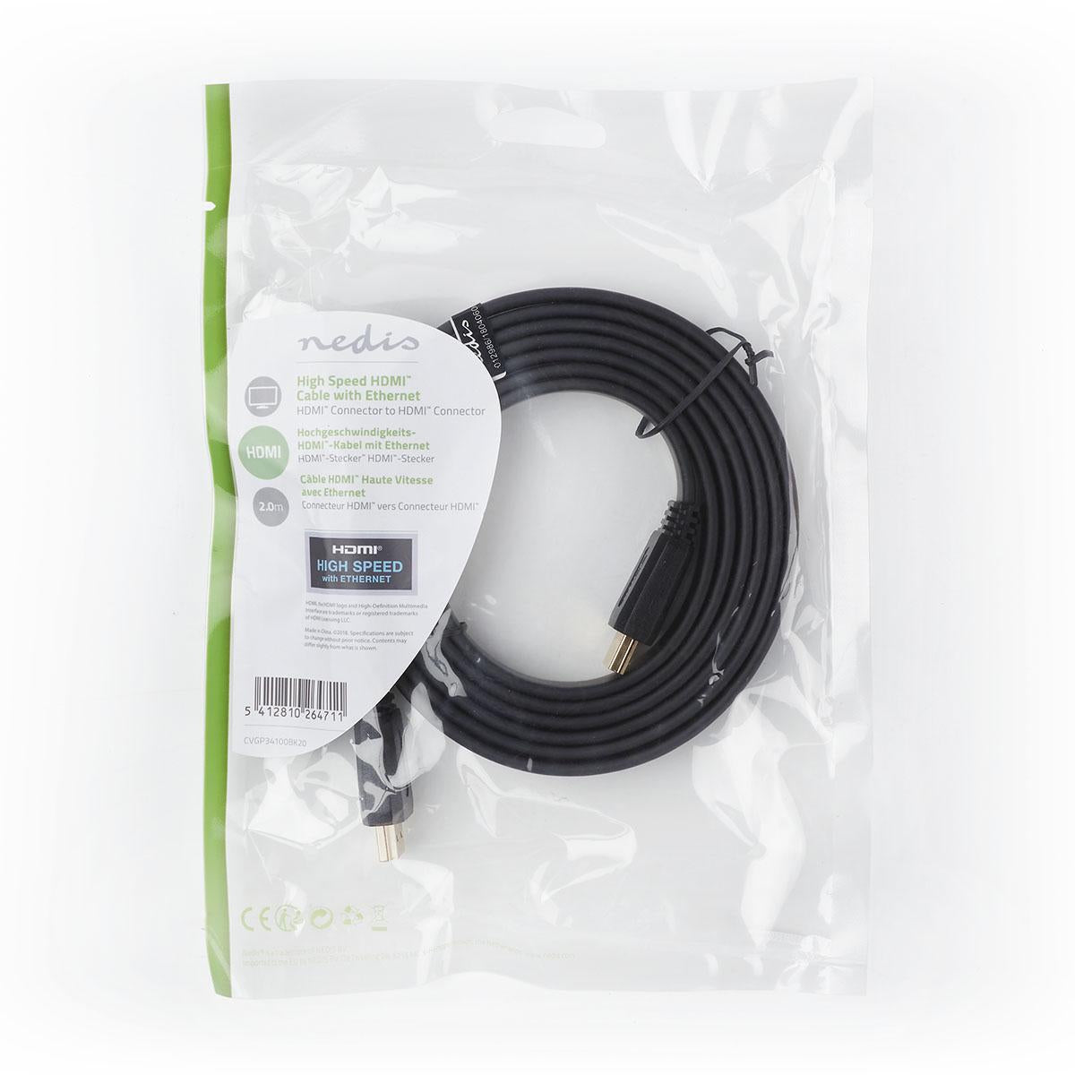 High Speed HDMI ™ cable with Ethernet | HDMI™ Connector | HDMI™ Connector | 4K@30Hz | 10.2 Gbps | 2.00 m | Flat | PVC | Black | Envelope