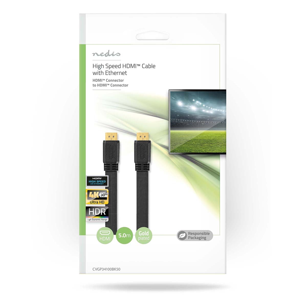 High Speed HDMI ™ cable with Ethernet | HDMI™ Connector | HDMI™ Connector | 4K@30Hz | 10.2 Gbps | 5.00 m | Flat | PVC | Black | Plastic bag