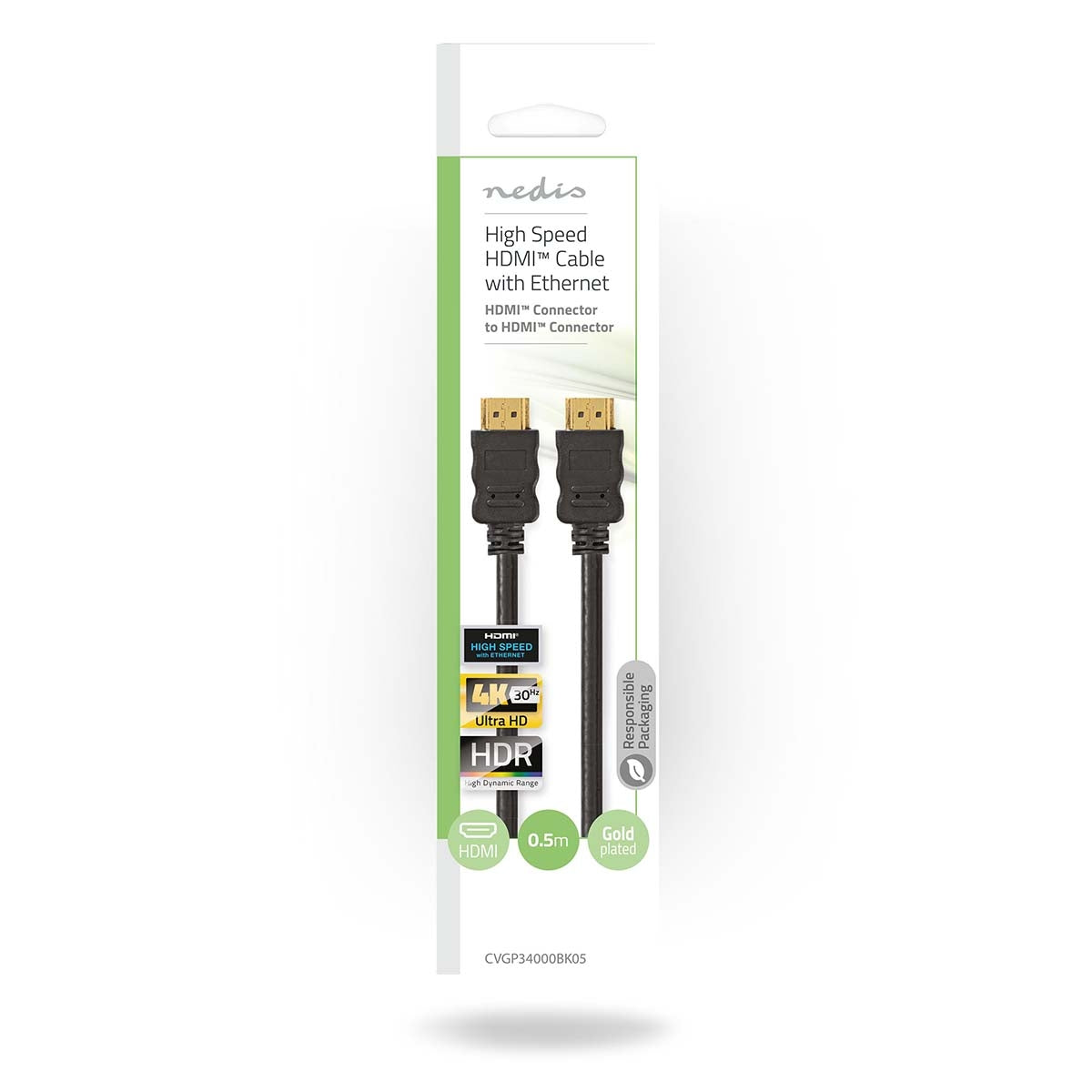 High Speed HDMI ™ cable with Ethernet | HDMI™ Connector | HDMI™ Connector | 4K@30Hz | ARC | 10.2 Gbps | 0.50 m | Round | PVC | Black | Envelope