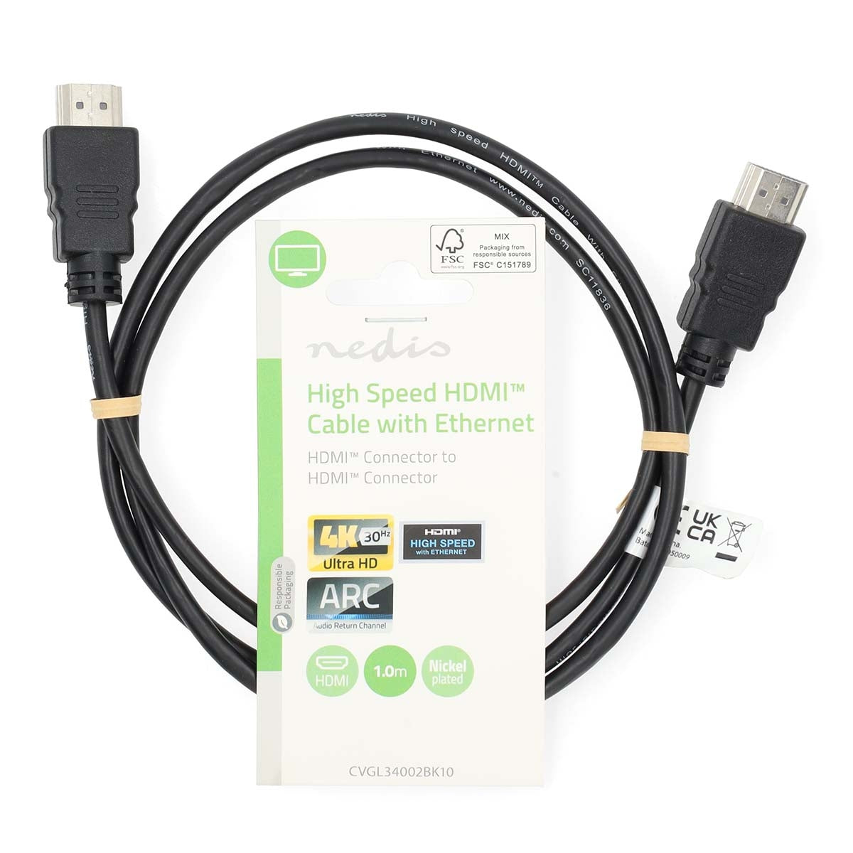 High Speed HDMI ™ cable with Ethernet | HDMI™ Connector | HDMI™ Connector | 4K@30Hz | ARC | 10.2 Gbps | 1.00 m | Round | PVC | Black | Label