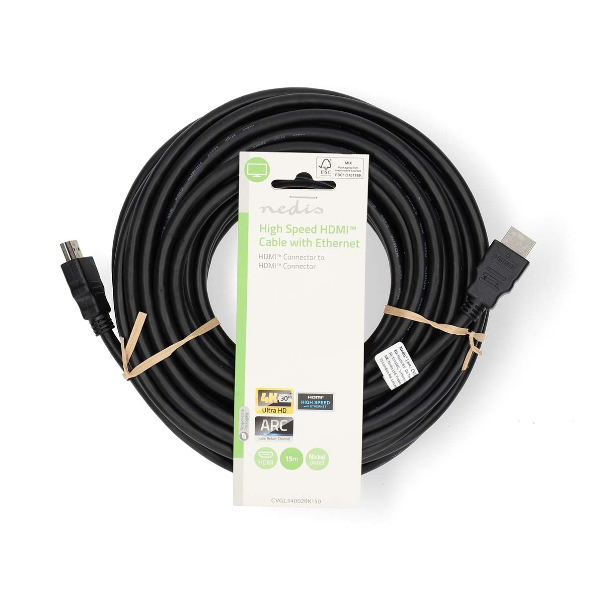 High Speed HDMI ™ cable with Ethernet | HDMI™ Connector | HDMI™ Connector | 4K@30Hz | ARC | 10.2 Gbps | 15.0 m | Round | PVC | Black | Label