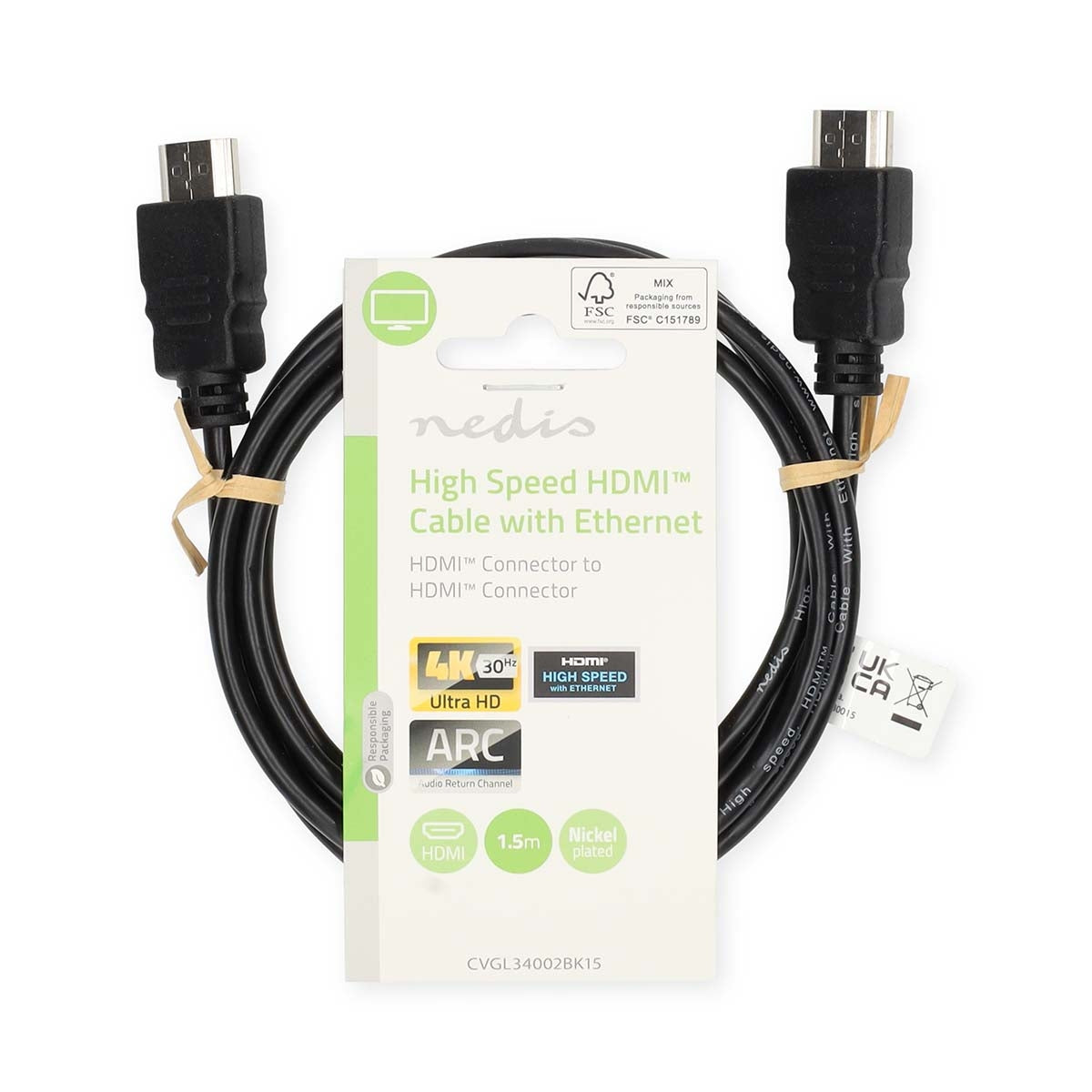 High Speed HDMI ™ cable with Ethernet | HDMI™ Connector | HDMI™ Connector | 4K@30Hz | ARC | 10.2 Gbps | 1.50 m | Round | PVC | Black | Label