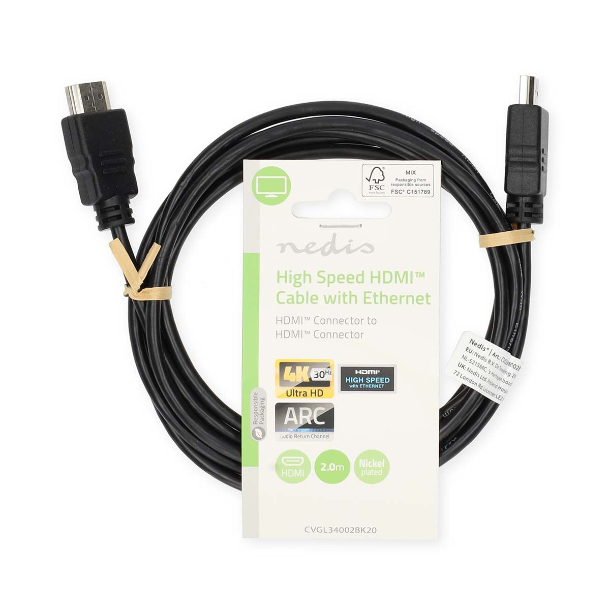 High Speed HDMI ™ cable with Ethernet | HDMI™ Connector | HDMI™ Connector | 4K@30Hz | ARC | 10.2 Gbps | 2.00 m | Round | PVC | Black | Label