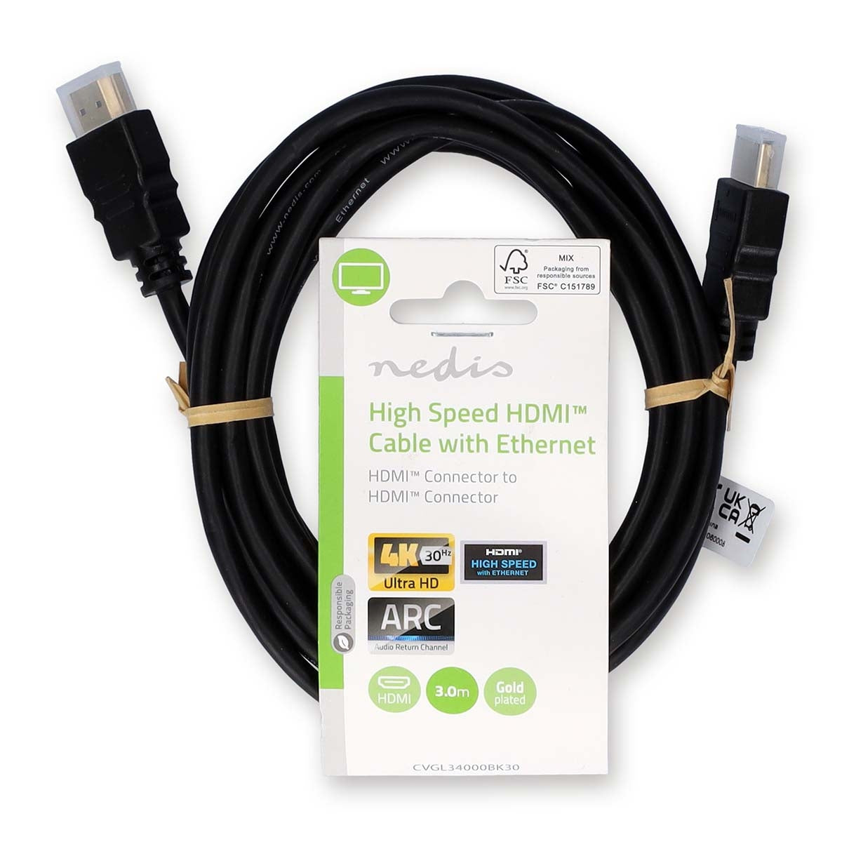High Speed HDMI ™ cable with Ethernet | HDMI™ Connector | HDMI™ Connector | 4K@30Hz | ARC | 10.2 Gbps | 3.00 m | Round | PVC | Black | Label