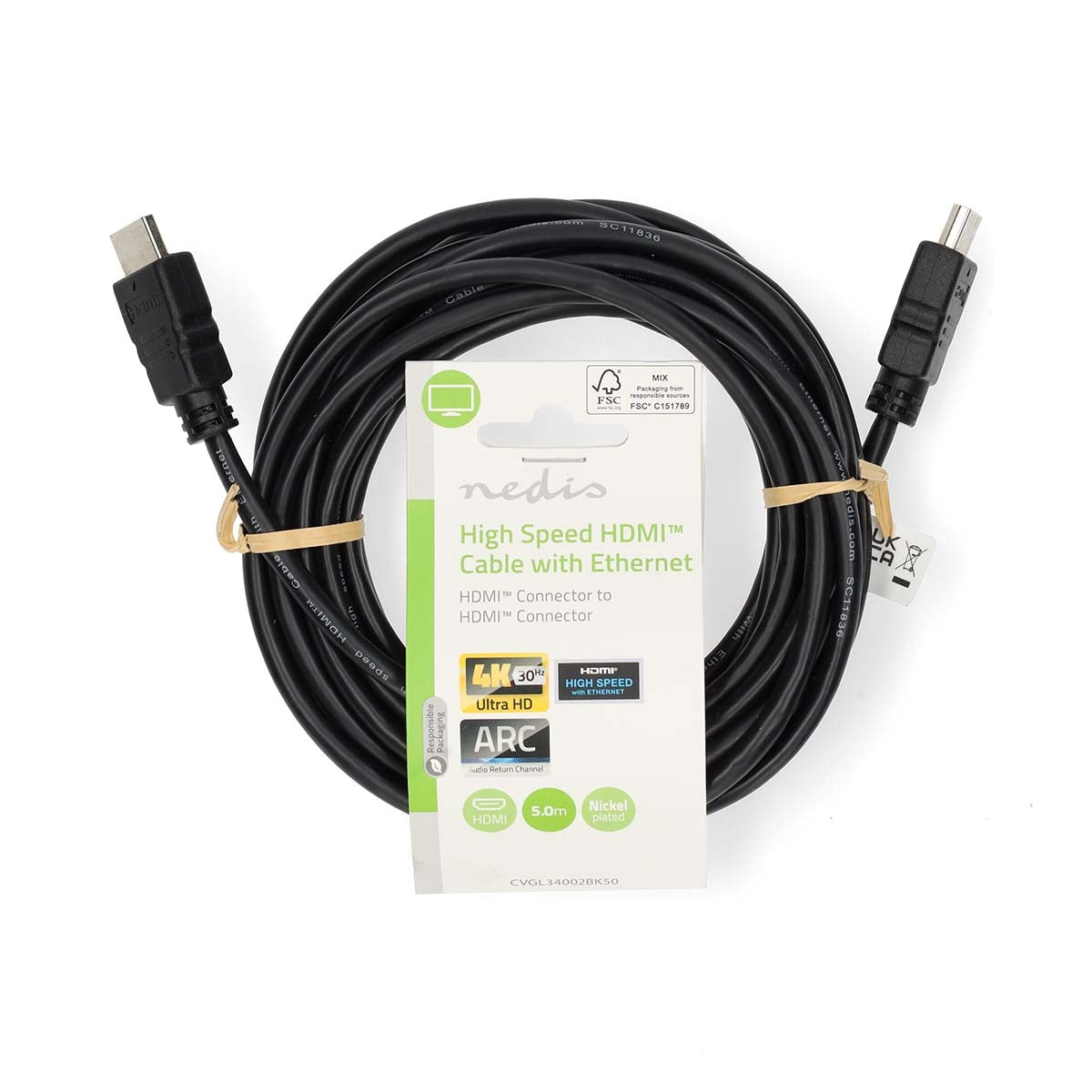 High Speed HDMI ™ cable with Ethernet | HDMI™ Connector | HDMI™ Connector | 4K@30Hz | ARC | 10.2 Gbps | 5.00 m | Round | PVC | Black | Label