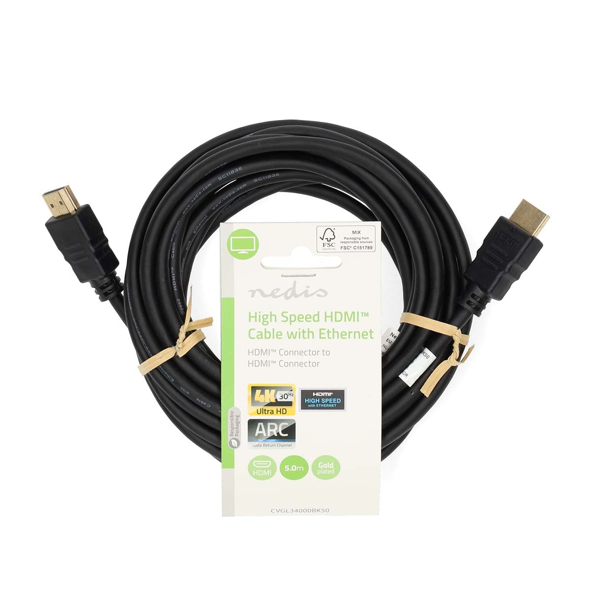 High Speed HDMI ™ cable with Ethernet | HDMI™ Connector | HDMI™ Connector | 4K@30Hz | ARC | 10.2 Gbps | 5.00 m | Round | PVC | Black | Label