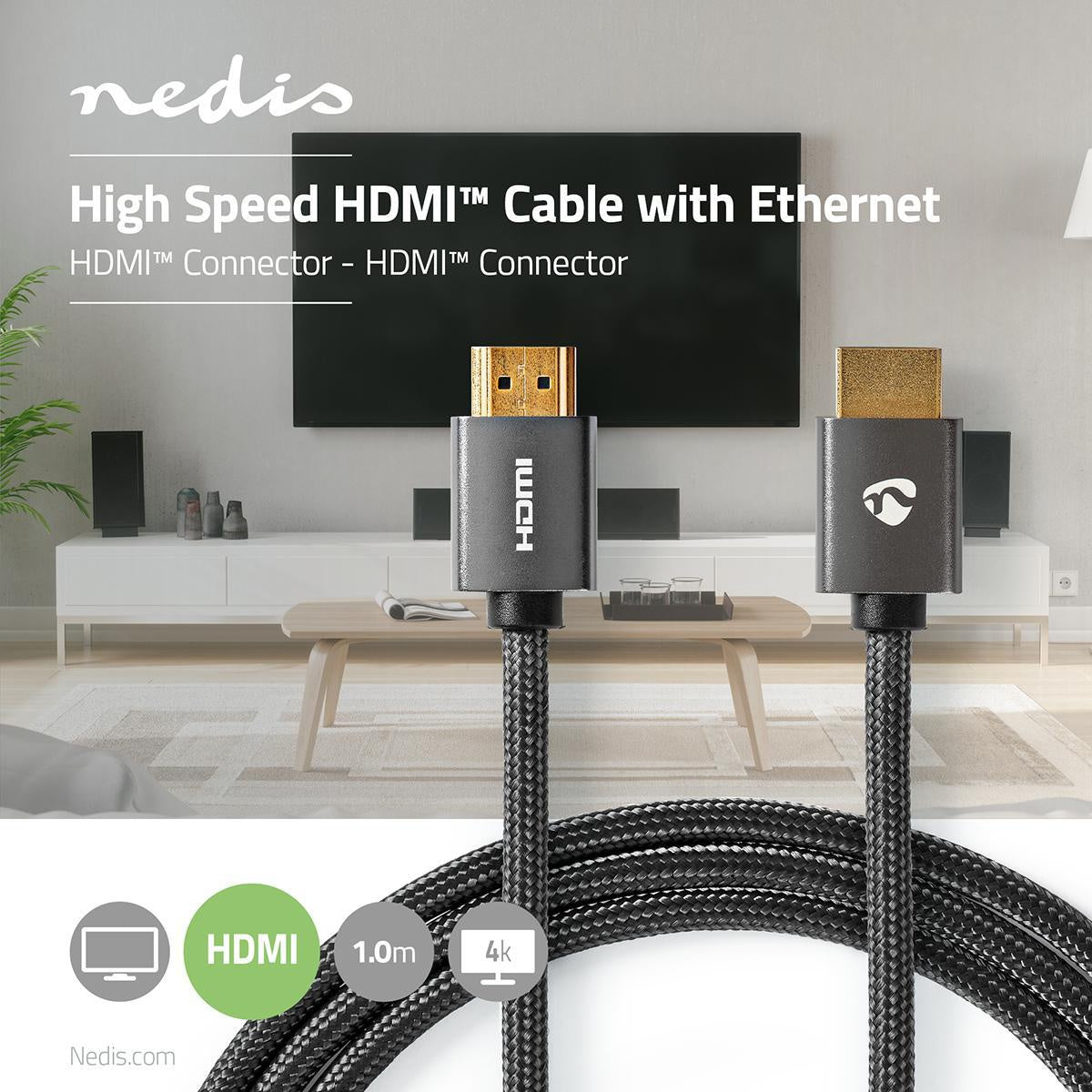 High Speed HDMI ™ cable with Ethernet | HDMI™ Connector | HDMI™ Connector | 4K@60Hz | ARC | 18 Gbps | 1.00 m | Round | Cotton | Gray / Gray With Metal | Carton with covered window