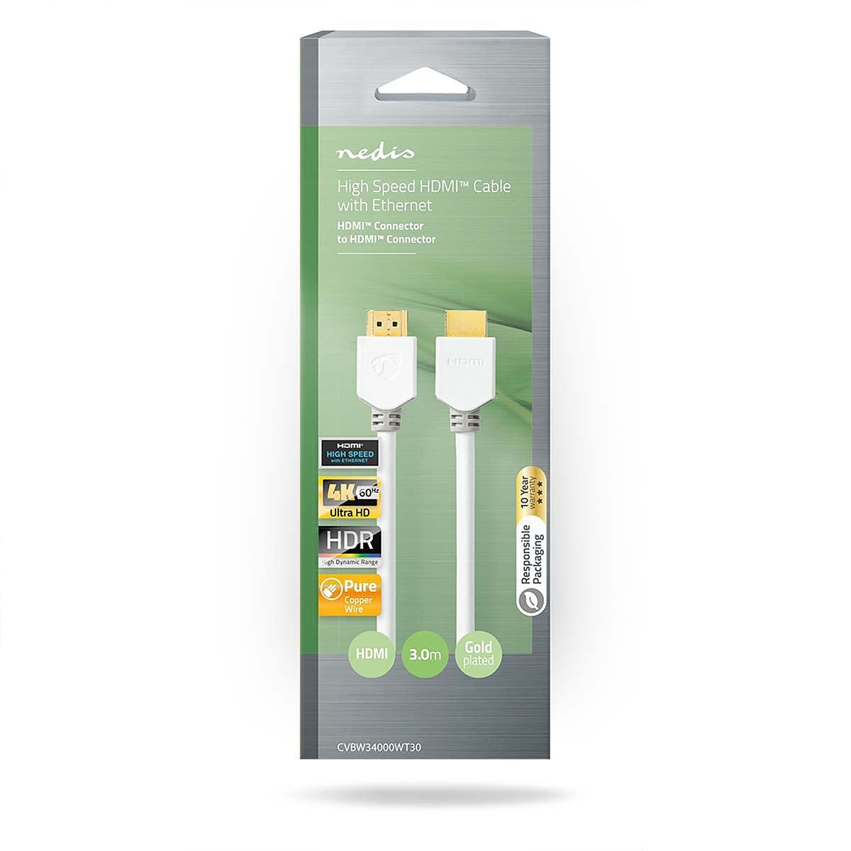 High Speed HDMI ™ cable with Ethernet | HDMI™ Connector | HDMI™ Connector | 4K@60Hz | ARC | 18 Gbps | 3.00 m | Round | PVC | White | Box