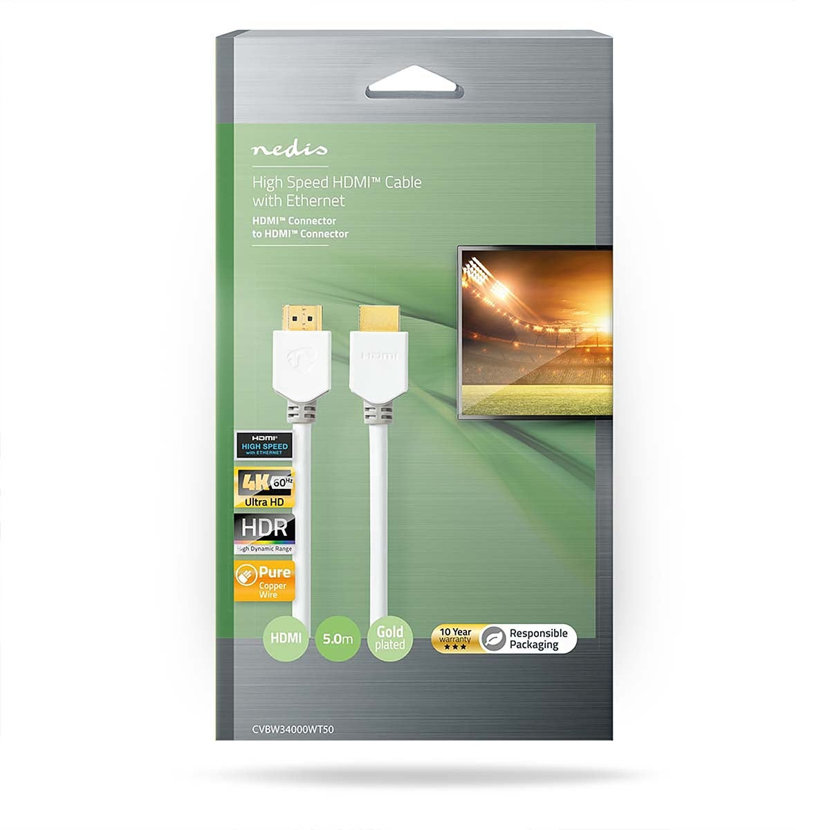 High Speed HDMI ™ cable with Ethernet | HDMI™ Connector | HDMI™ Connector | 4K@60Hz | ARC | 18 Gbps | 5.00 m | Round | PVC | White | Box
