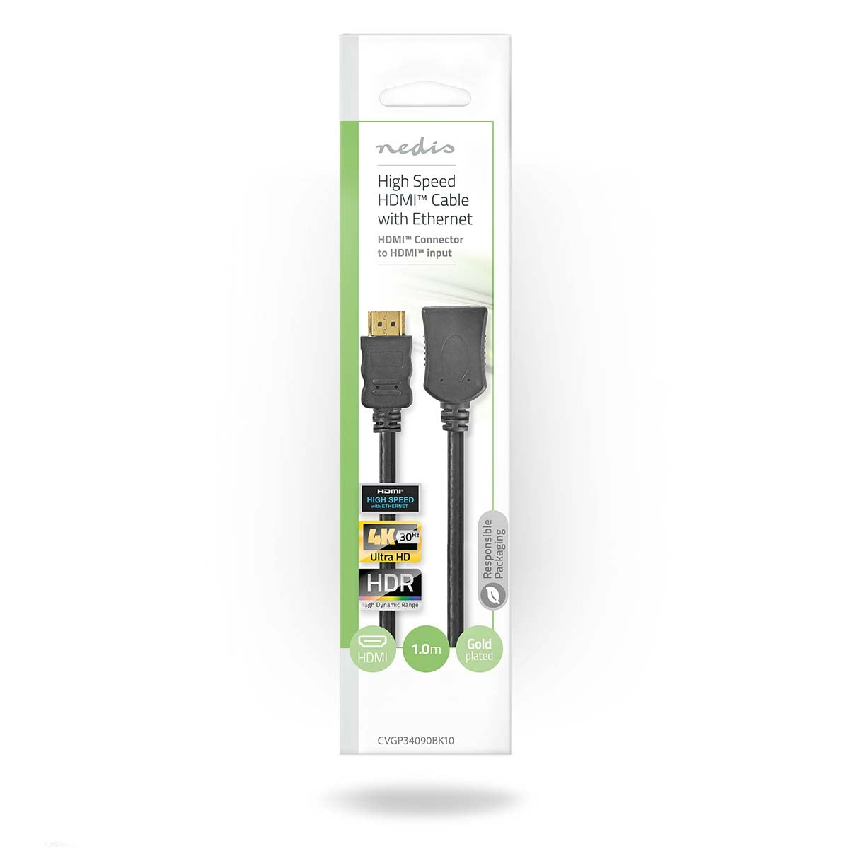 High Speed HDMI ™ cable with Ethernet | HDMI™ Connector | HDMI™ Female | 4K@30Hz | 10.2 Gbps | 1.00 m | Round | PVC | Black | Envelope