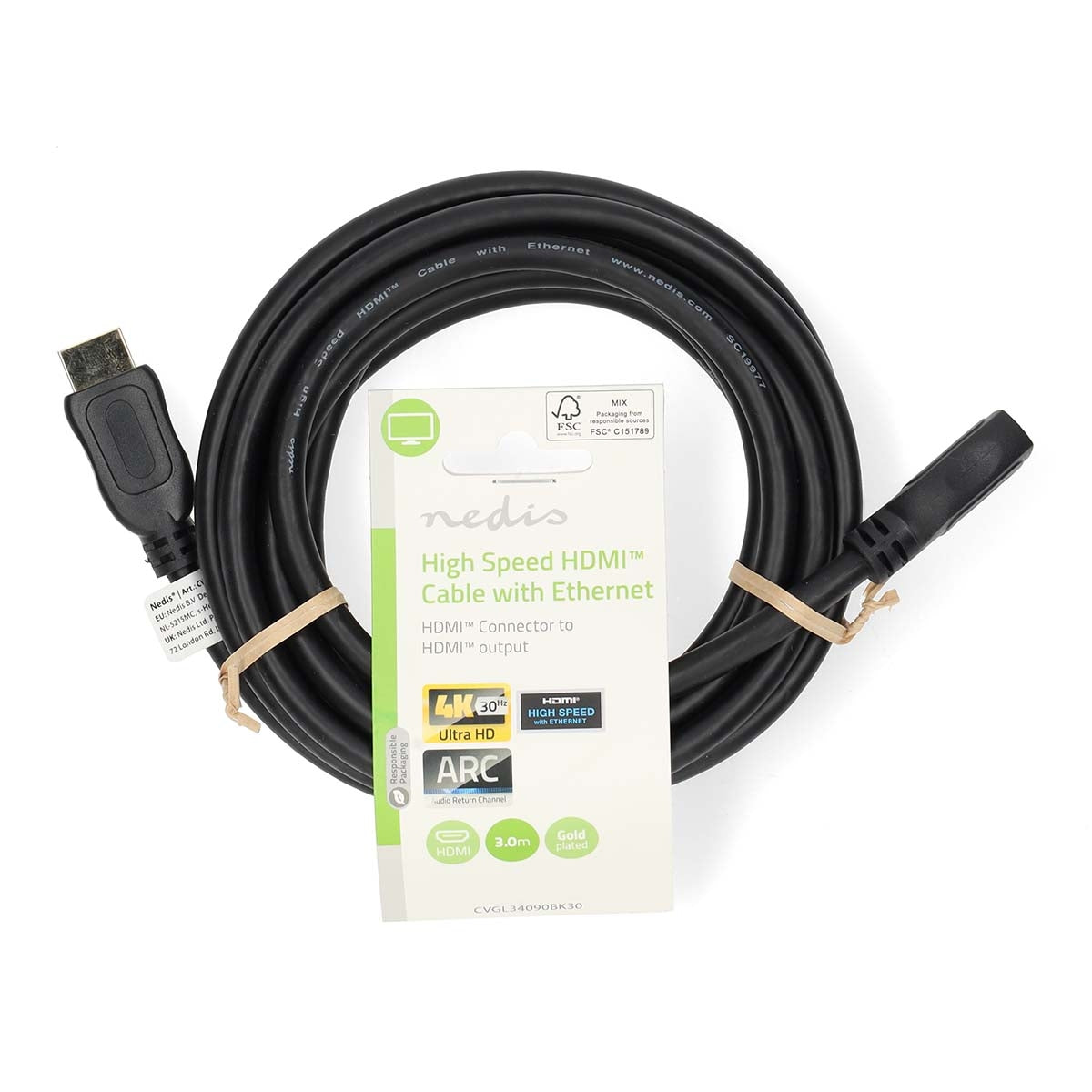 High Speed HDMI ™ cable with Ethernet | HDMI™ Connector | HDMI™ Female | 4K@30Hz | 10.2 Gbps | 3.00 m | Round | PVC | Black | Label