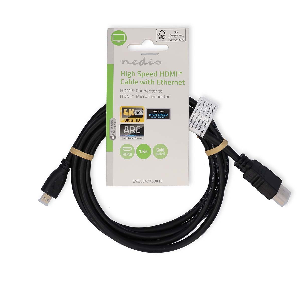 High Speed HDMI ™ cable with Ethernet | HDMI™ Connector | HDMI™ Micro connector | 4K@30Hz | 10.2 Gbps | 1.50 m | Round | PVC | Black | Label