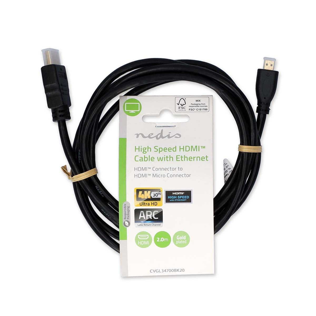 High Speed HDMI ™ cable with Ethernet | HDMI™ Connector | HDMI™ Micro connector | 4K@30Hz | 10.2 Gbps | 2.00 m | Round | PVC | Black | Label