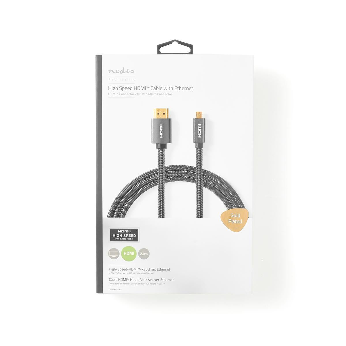High Speed HDMI ™ cable with Ethernet | HDMI™ Connector | HDMI™ Micro connector | 4K@60Hz | 18 Gbps | 2.00 m | Round | Cotton | Anthracite / Gray With Metal | Carton with covered window