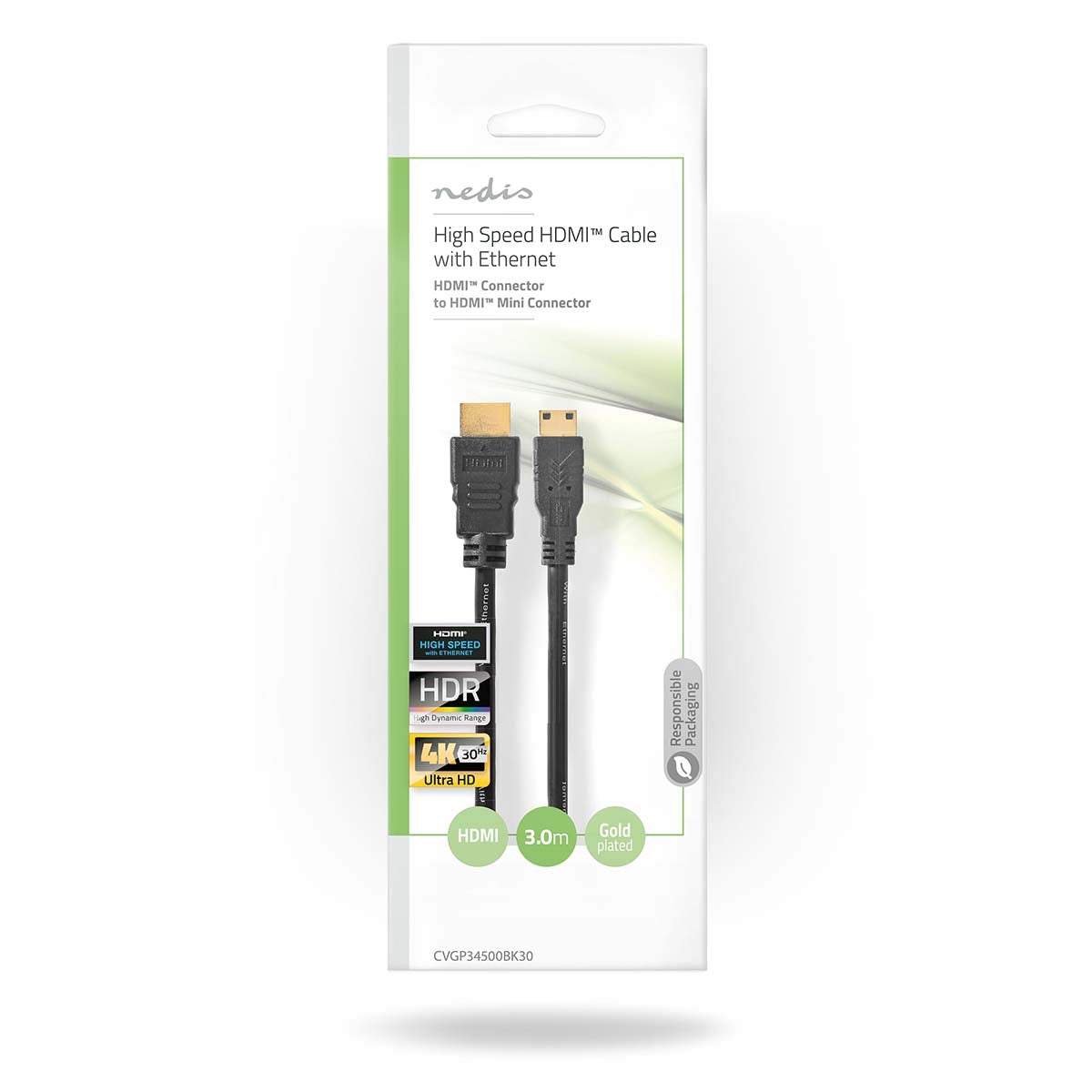 High Speed HDMI ™ cable with Ethernet | HDMI™ Connector | HDMI™ Mini connector | 4K@30Hz | 10.2 Gbps | 3.00 m | Round | PVC | Black | Envelope