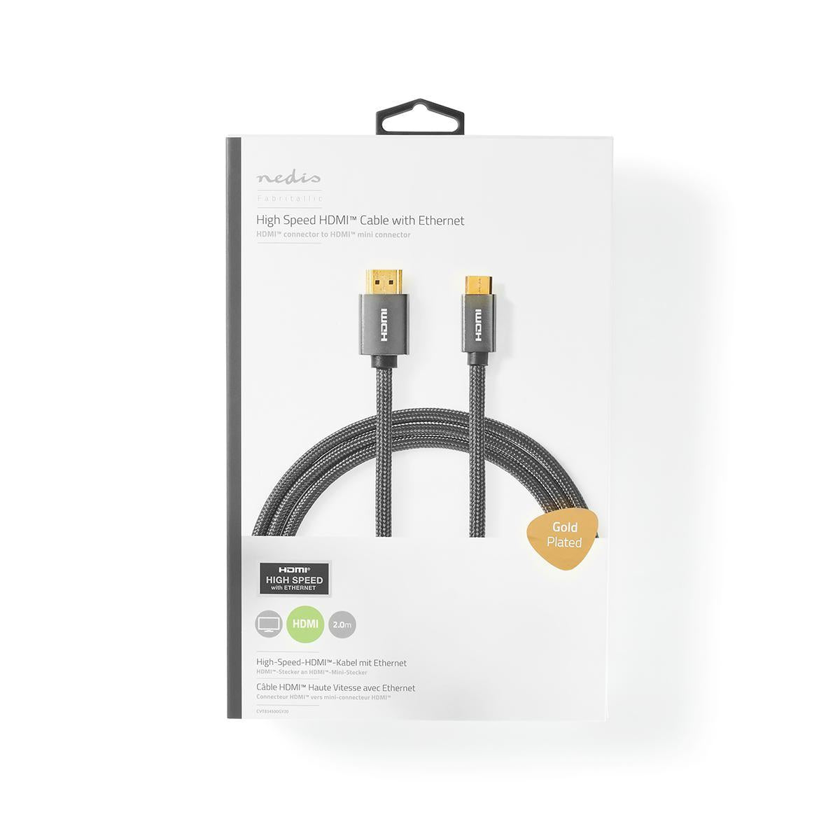 High Speed HDMI ™ cable with Ethernet | HDMI™ Connector | HDMI™ Mini connector | 4K@60Hz | 18 Gbps | 2.00 m | Round | Cotton | Anthracite / Gray With Metal | Carton with covered window