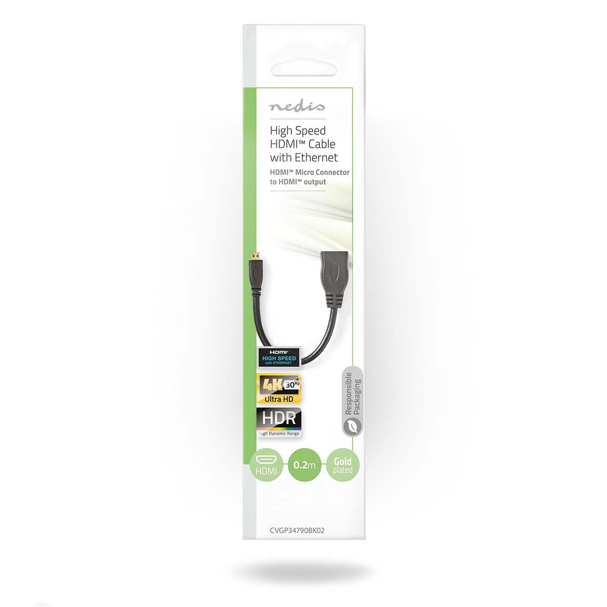 High Speed HDMI ™ cable with Ethernet | HDMI™ Micro connector | HDMI™ Output | 4K@30Hz | 10.2 Gbps | 0.20 m | Round | PVC | Black | Plastic bag