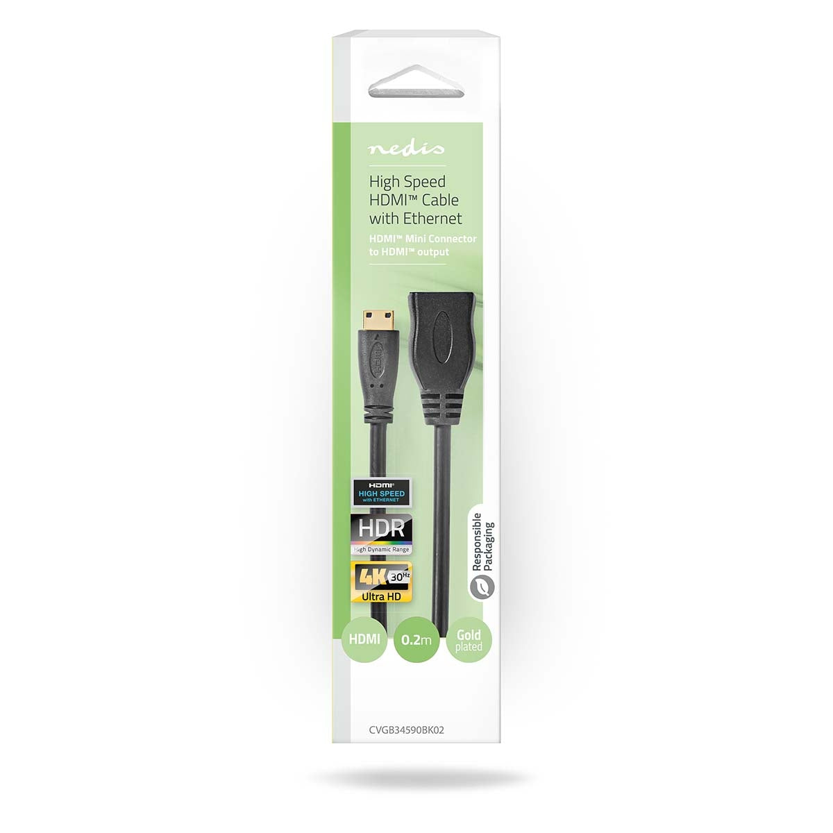 High Speed HDMI ™ cable with Ethernet | HDMI™ Mini connector | HDMI™ Output | 4K@30Hz | 10.2 Gbps | 0.20 m | Round | PVC | Black | Box