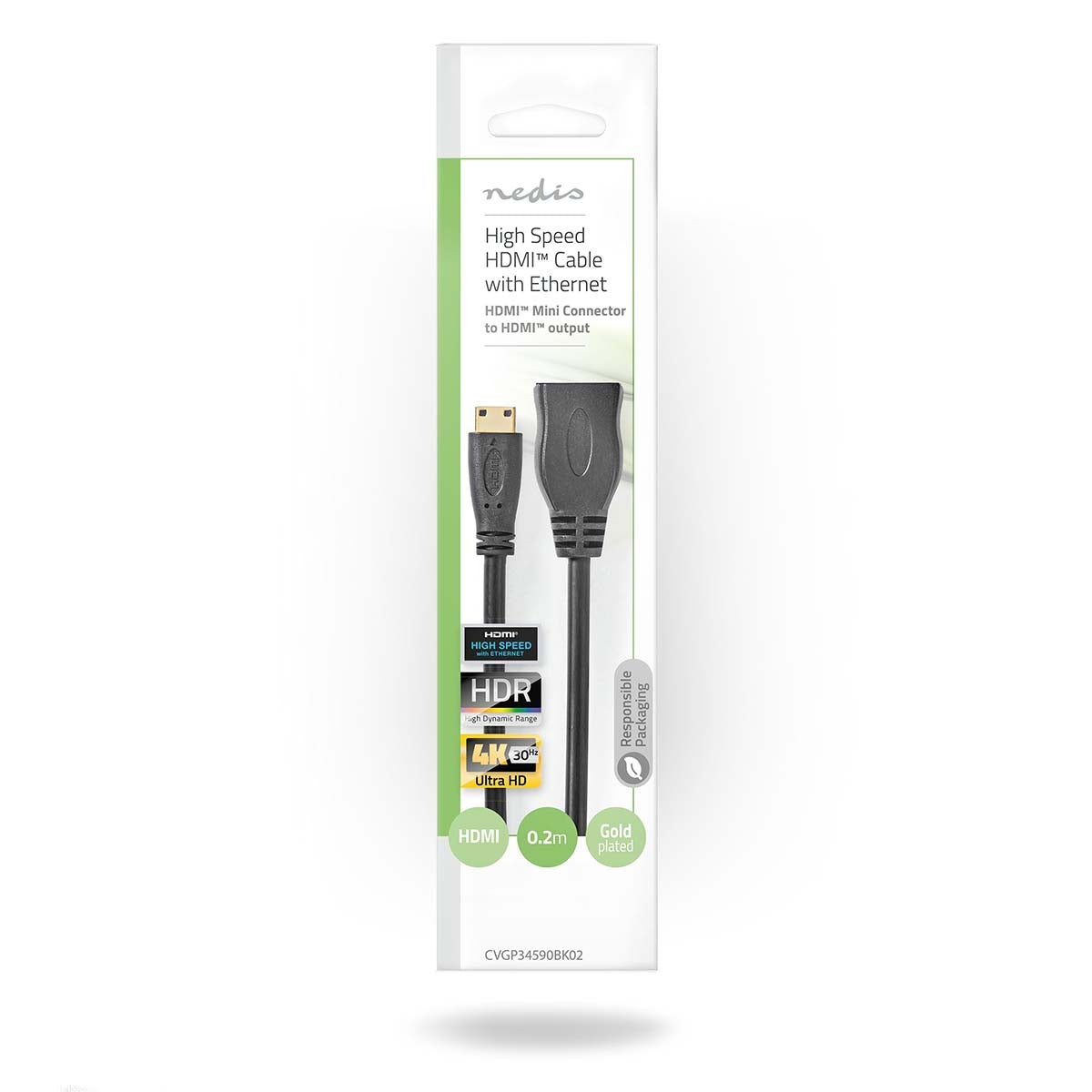 High Speed HDMI ™ cable with Ethernet | HDMI™ Mini connector | HDMI™ Output | 4K@30Hz | 10.2 Gbps | 0.20 m | Round | PVC | Black | Plastic bag