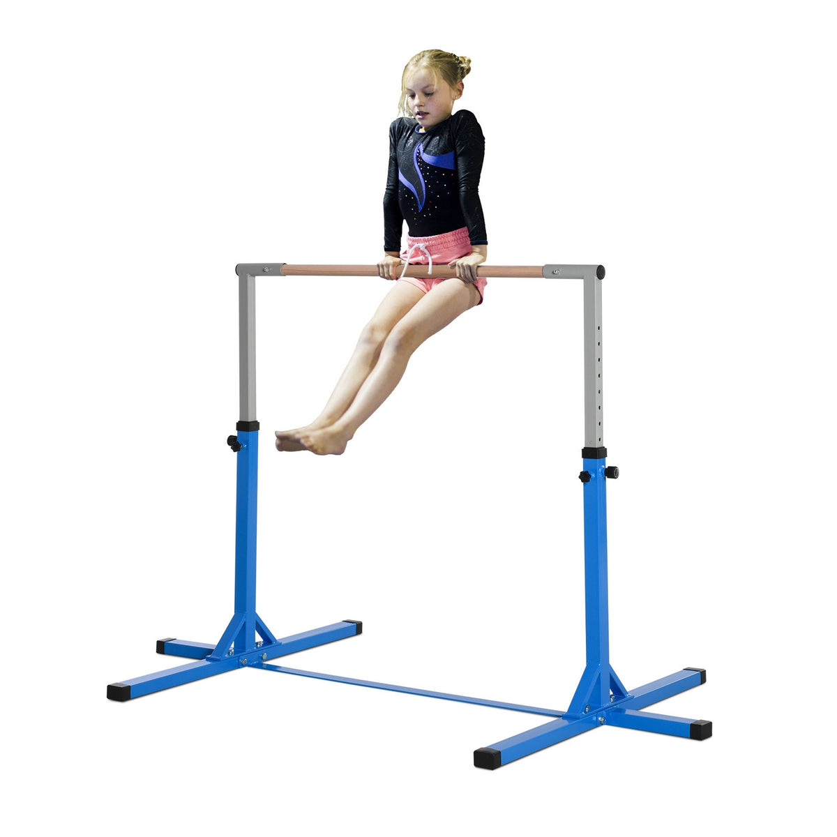High bar, height-adjustable gymnastics bar, 13 levels, loadable up to 75 kg, made of steel and beech wood in blue for gymnastics and training