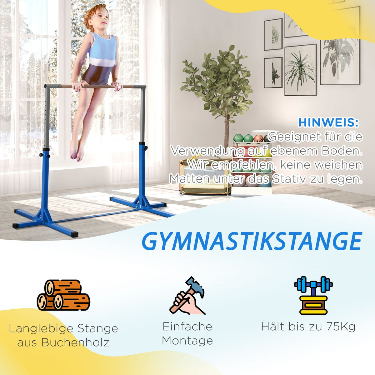 High bar, height-adjustable gymnastics bar, 13 levels, loadable up to 75 kg, made of steel and beech wood in blue for gymnastics and training