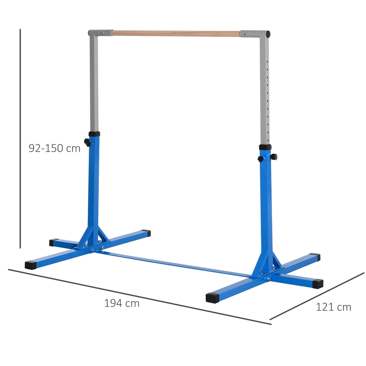 High bar, height-adjustable gymnastics bar, 13 levels, loadable up to 75 kg, made of steel and beech wood in blue for gymnastics and training
