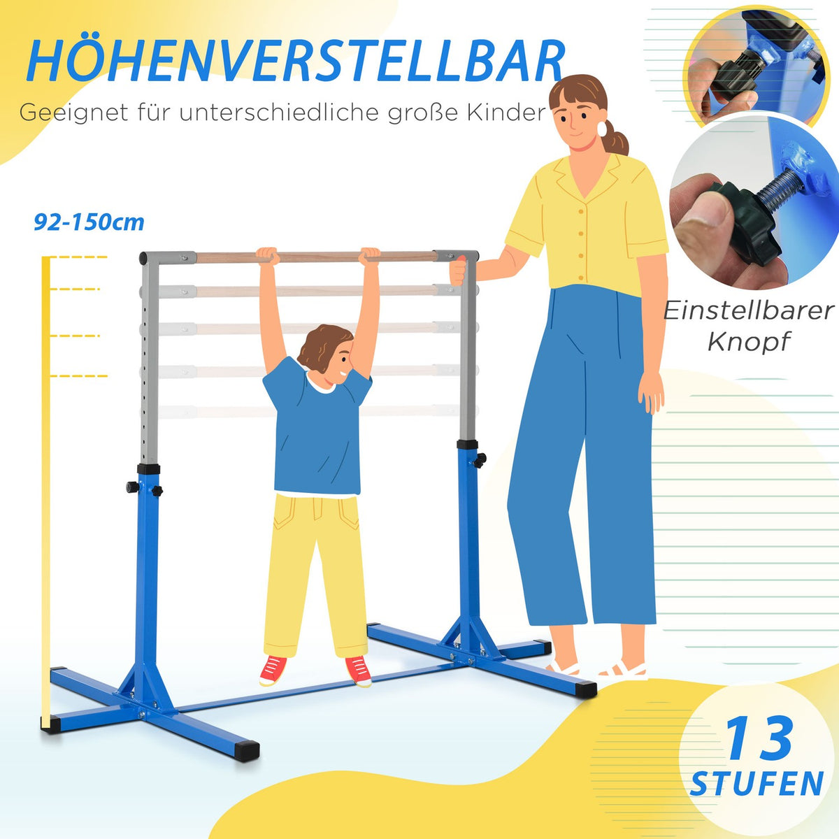 High bar, height-adjustable gymnastics bar, 13 levels, loadable up to 75 kg, made of steel and beech wood in blue for gymnastics and training