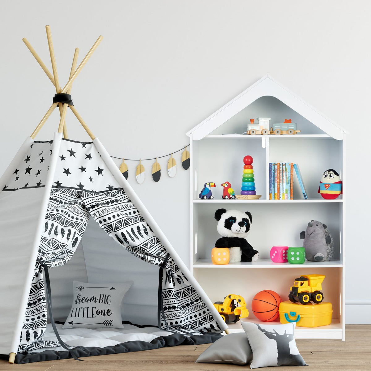 High children's shelf in the shape of a house