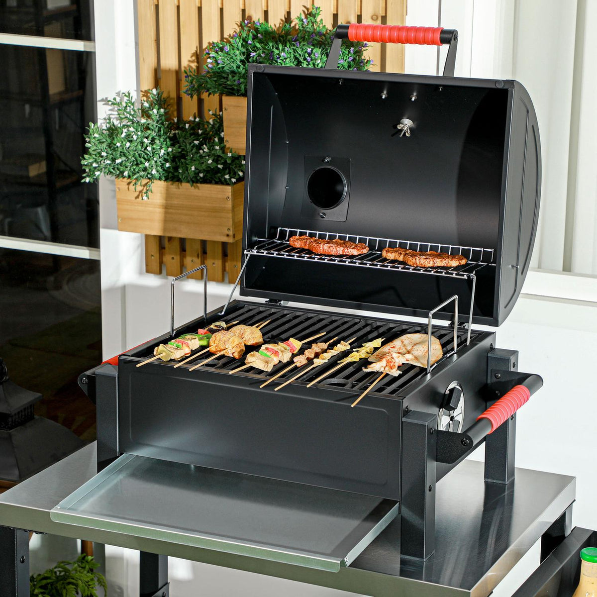 Hollow Wooden Grill, Table Grill With Grill Rack, Charcoal Tray, Camping Grill With Lid, Handle, Thermometer, Table Wood Grill For Picnic, Garden, Black, 68.5 X 50 X 54 Cm