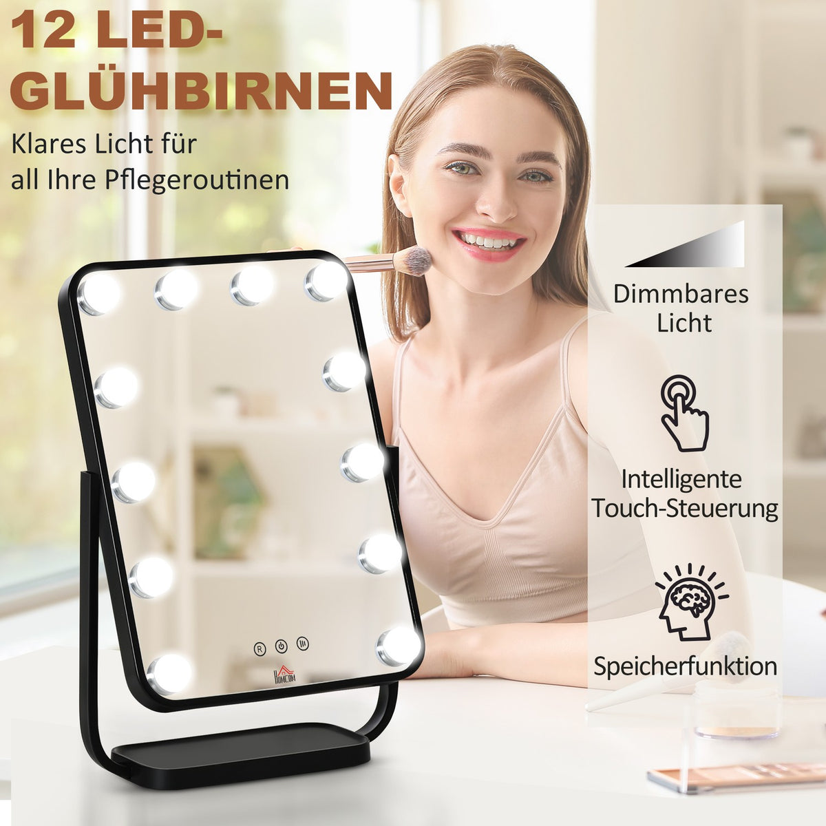 Hollywood Make-Up Mirror Makeup Mirror With 12 Dimmer Leds, 3 Light Colors, Touch Control, 12W, 32.8X11X47.4Cm