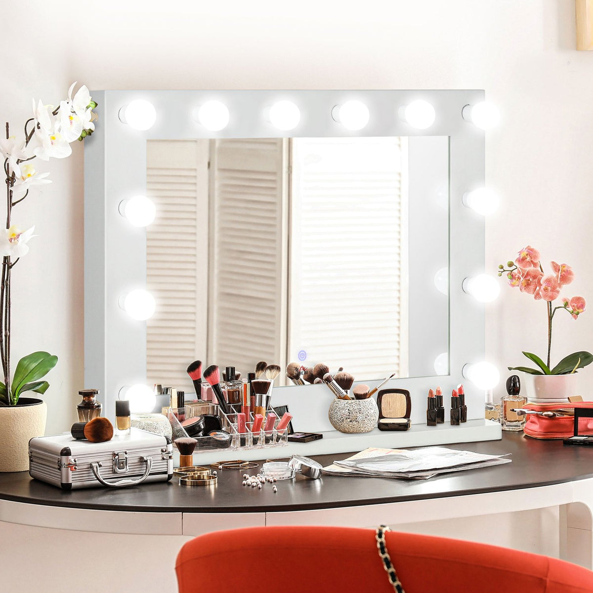 Hollywood Mirror With Lighting Touch Switch, 12 Dimmable Led Lamps, 80X60Cm, Memory Function, White