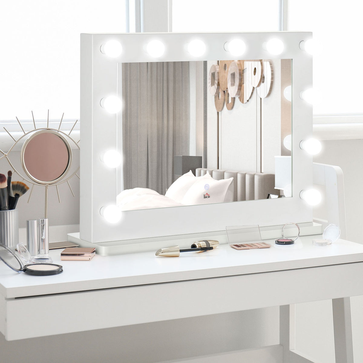 Hollywood Mirror With Lighting Touch Switch, 12 Dimmable Led Lamps, 80X60Cm, Memory Function, White