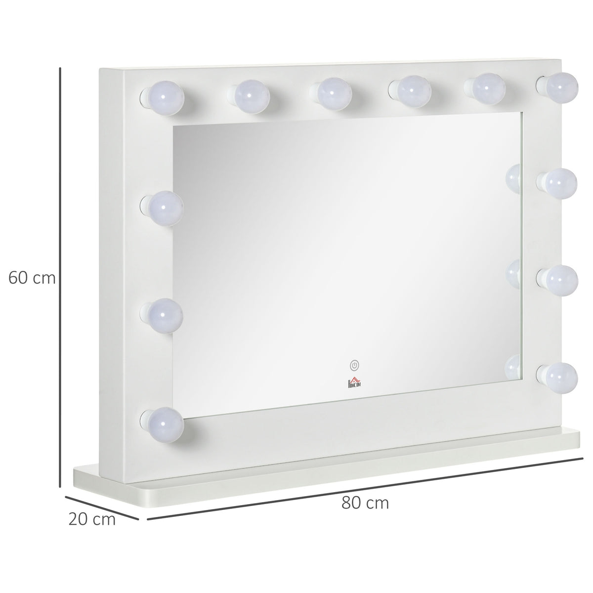 Hollywood Mirror With Lighting Touch Switch, 12 Dimmable Led Lamps, 80X60Cm, Memory Function, White