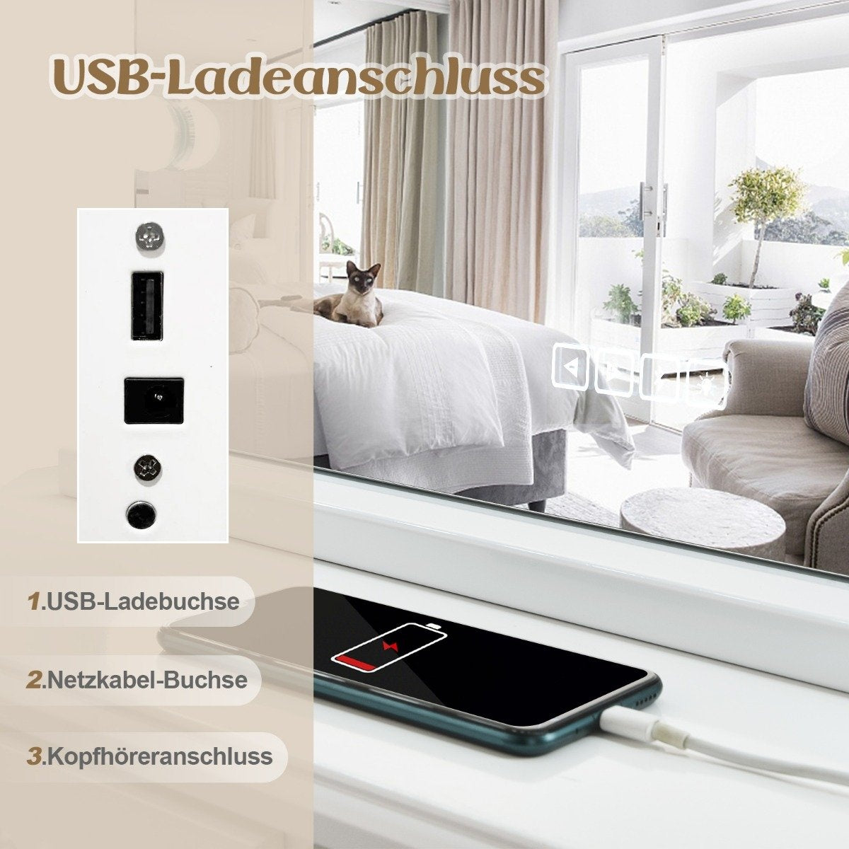 Hollywood Mirror with Lighting, USB Charging Port & Bluetooth Speaker, Cosmetic Mirror for Bedroom, 58 x 46 cm, White