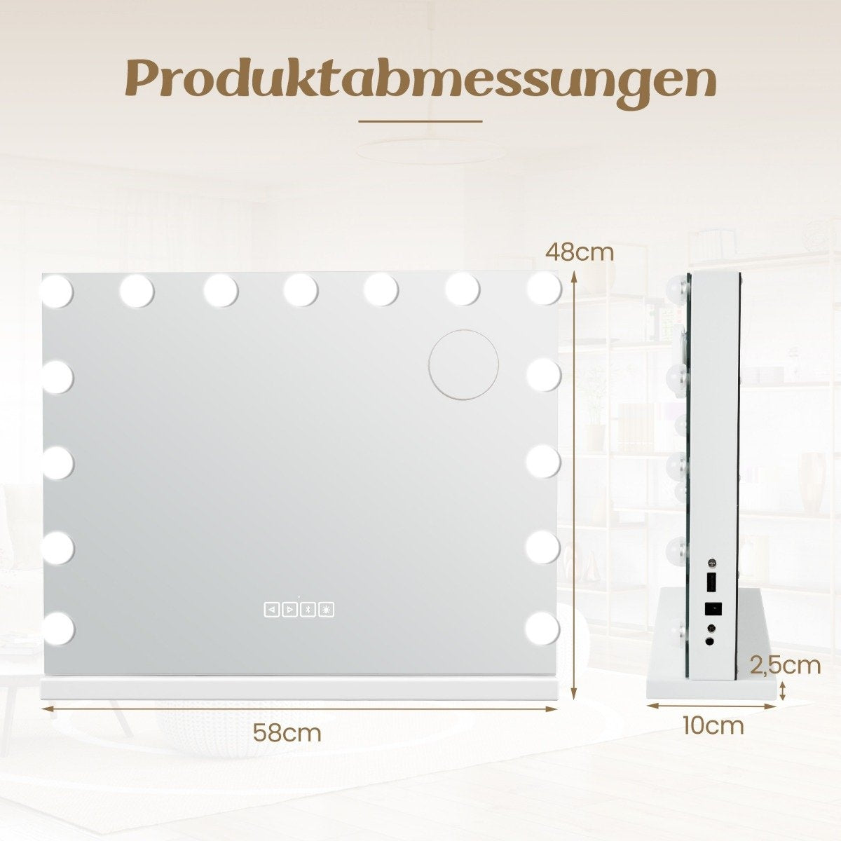 Hollywood Mirror with Lighting, USB Charging Port & Bluetooth Speaker, Cosmetic Mirror for Bedroom, 58 x 46 cm, White