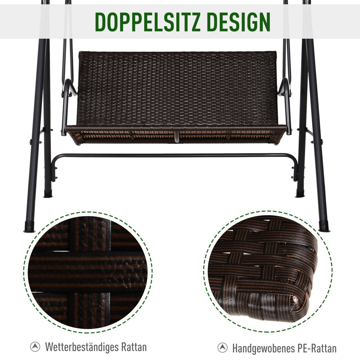 Hollywood Swing 2-Seater Garden Swing Rocking Bench Adjustable Sun Canopy Steel Frame Rattan 140 X 110 X 151 Cm