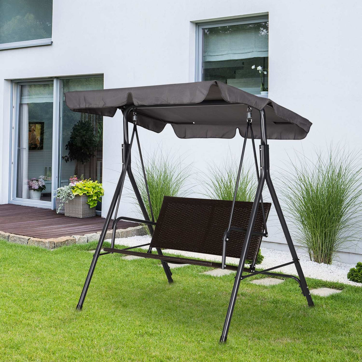 Hollywood Swing 2-Seater Garden Swing Rocking Bench Adjustable Sun Canopy Steel Frame Rattan 140 X 110 X 151 Cm
