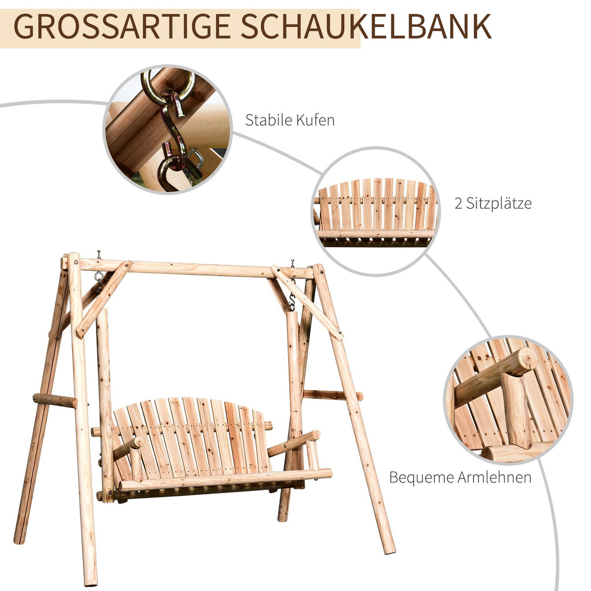Hollywood Swing 2-Seater Garden Swing Swing Bench Hanging Bench Solid Wood Natural 187 X 137 X 170 Cm