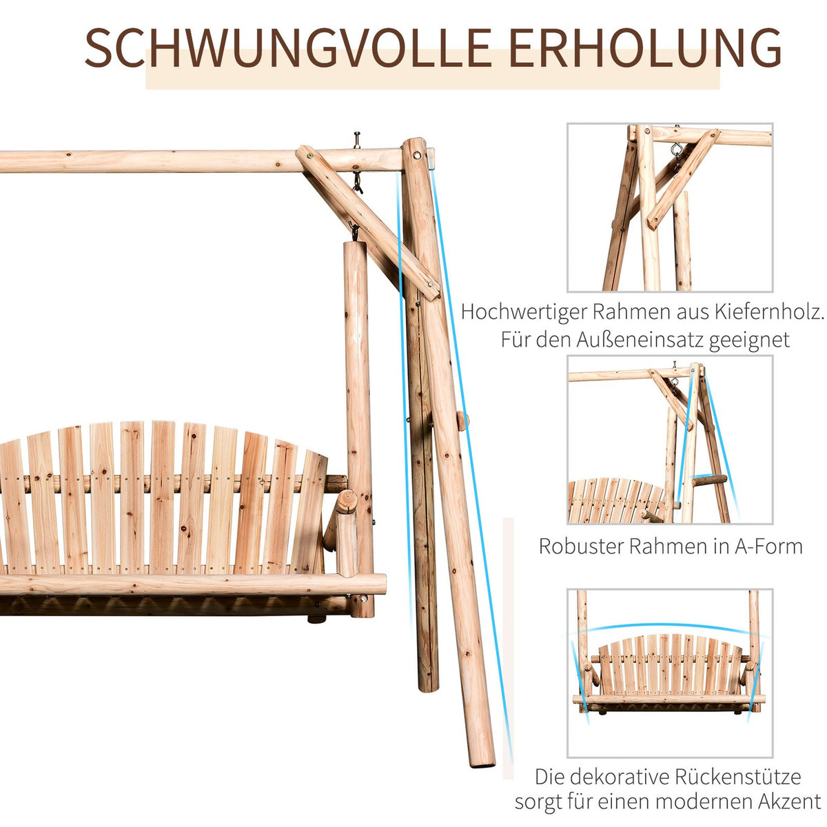 Hollywood Swing 2-Seater Garden Swing Swing Bench Hanging Bench Solid Wood Natural 187 X 137 X 170 Cm